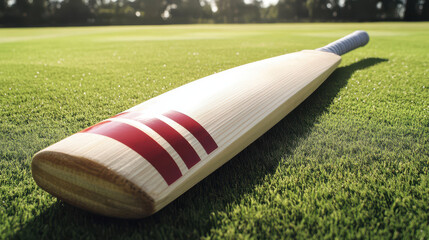 Cricket Bat Resting on Lush Green Grass in a Sunny Sports Field During Daytime
