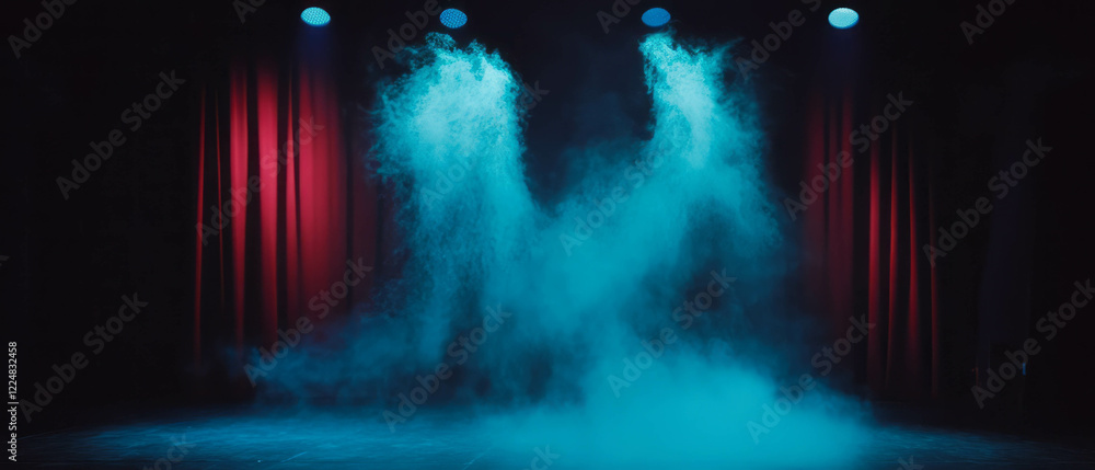 Poster smoke rises dramatically on stage creating an atmospheric setting with thickening fog