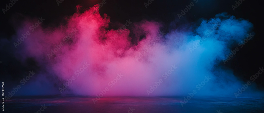 Poster creative abstract shapes formed by smoke on a dark stage background during performance