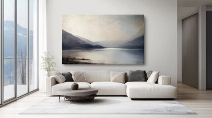 Fototapeta premium A minimalist living room featuring a large landscape painting and a white sectional sofa