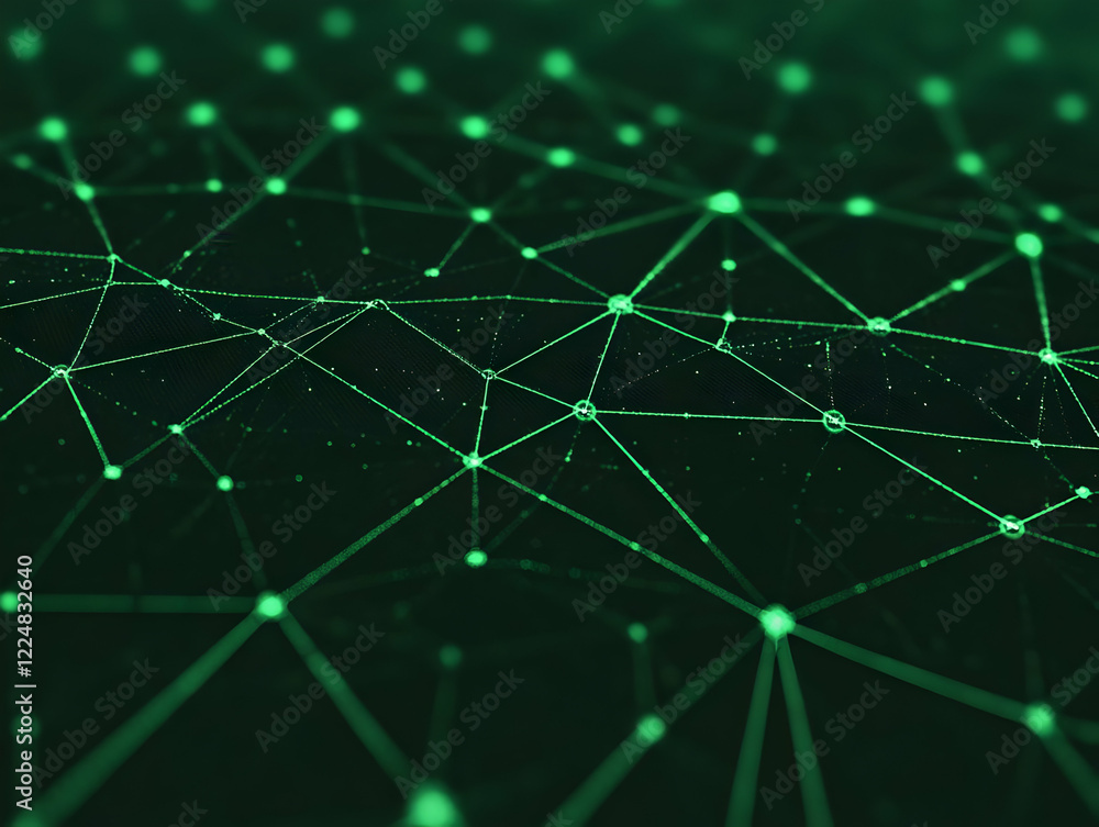 Poster abstract 3d green network connection dots and lines form a complex structure on dark background
