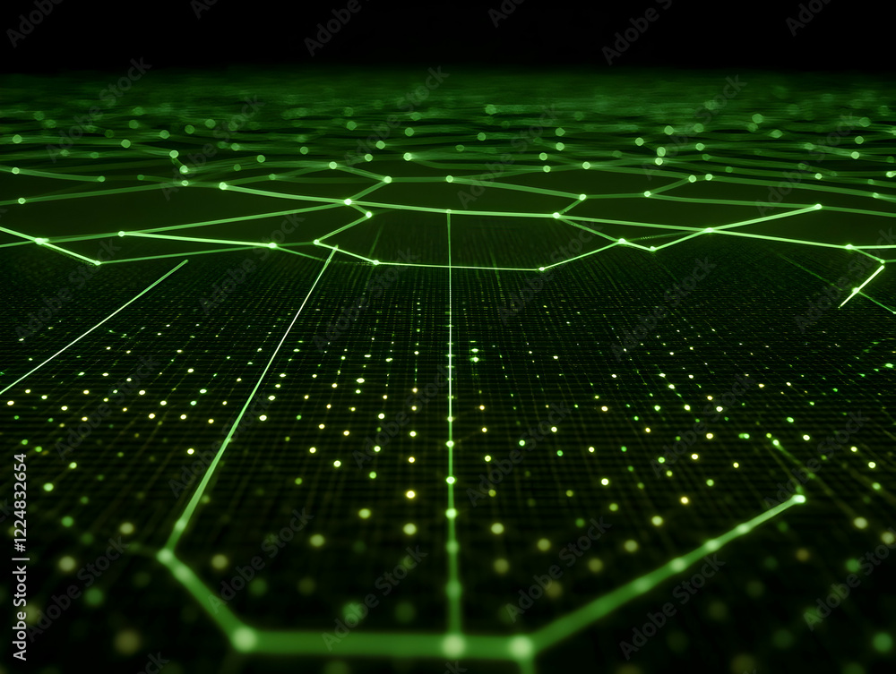 Poster abstract green grid background forms a digital landscape with glowing lines and dots.