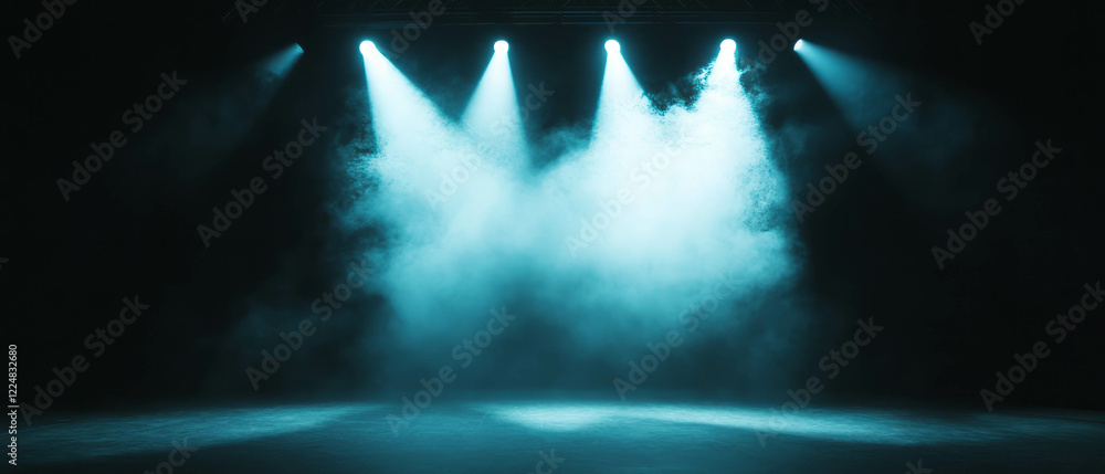 Poster thick smoke fills the stage creating an atmospheric effect in a darkened setting