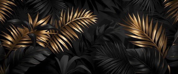 Golden leaves banner Gold and Black Leaves Tropical Luxury banner Tropical Wallpaper Gold Leaf Pattern banner Black and Gold Palm Leaves banner Black Background with Golden Palm Leaves background