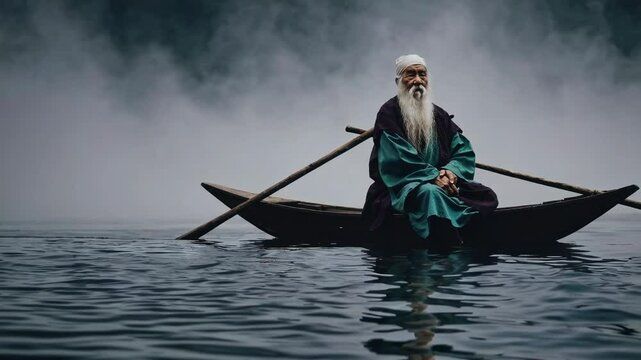 Elderly man with long white beard and traditional clothes sits calmly on a small wooden boat, holding oars and navigating a misty lake, emanating tranquility and wisdom