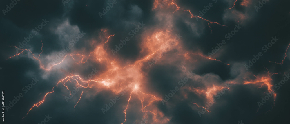 Poster swirling smoke with dynamic lightning flashes creates an energetic atmosphere against dark backdrop