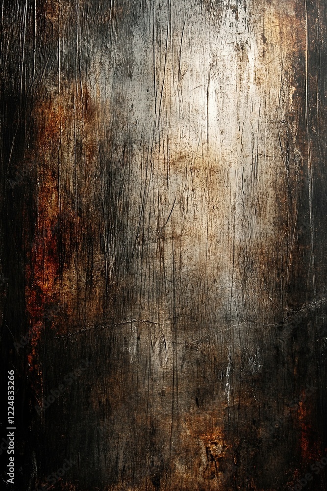 Poster grungy textured background with dark tones and metallic streaks.