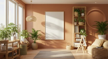 Fototapeta premium Modern living room with natural light and indoor greenery in bohemian style