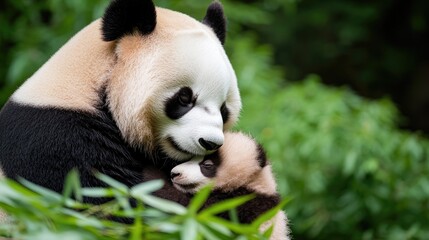 Fototapeta premium close-up of mother panda gently holding her cub their black-and-white fur contrasting against vibrant green bamboo