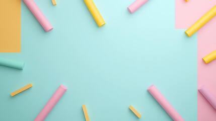Colorful geometric shapes arranged on a pastel backdrop with light pink, blue, and yellow for creative designs