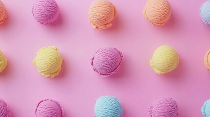 Colorful ice creams in various flavors displayed on a pink background