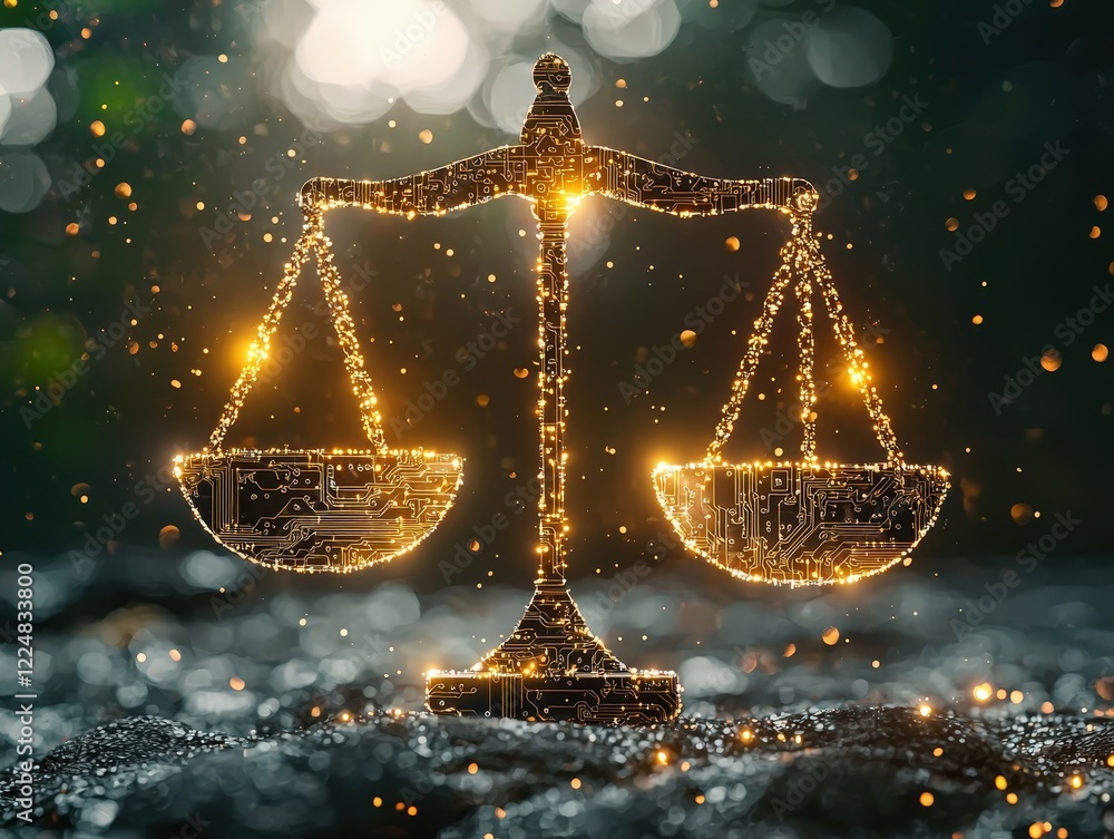 Poster glowing scales of justice with digital circuitry design concept in a mystical forest background with