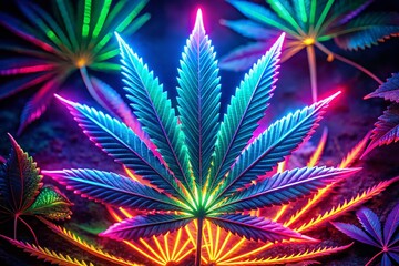 Neon Marijuana Leaf Sign Macro Photography - Psychedelic Cannabis Detail