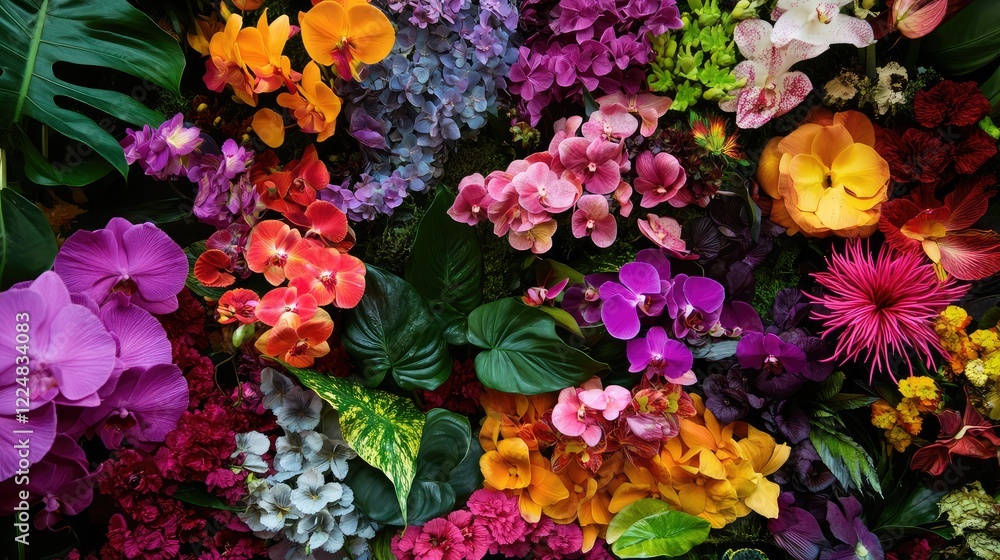 Poster vibrant floral background with a diverse array of colorful orchids and lush greenery, capturing the 