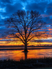 Fototapeta premium Solitary tree silhouetted against a vibrant sunset reflected in tranquil waters.