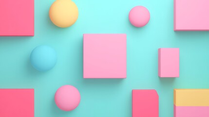 Colorful geometric shapes arrangement on a light blue background for minimalistic design and creative projects