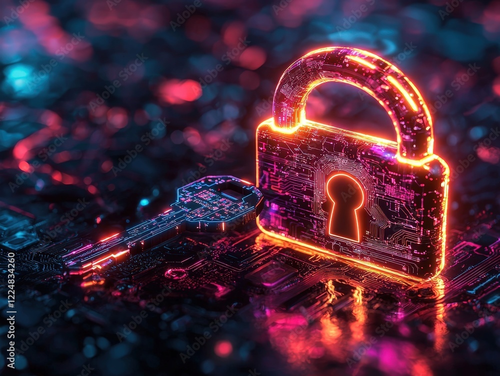 Poster futuristic lock and key on neon circuit board background for cybersecurity and digital protection co