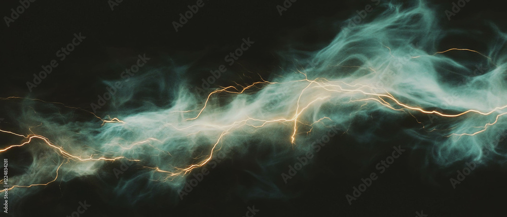 Poster Dynamic movement of smoke and lightning creating a light trail effect against a black background