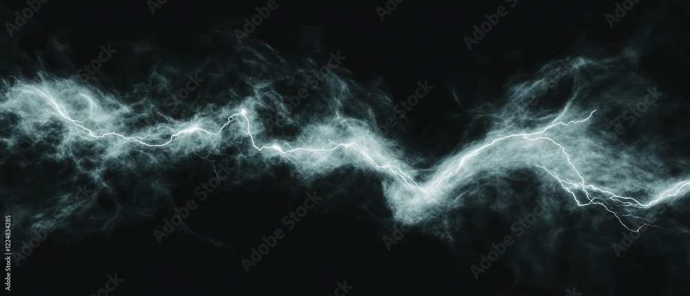 Poster a striking display of smoke intertwined with lightning, creating a captivating light trail effect
