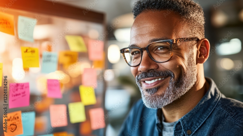 Poster cheerful professional man working at office with colorful sticky notes in a collaborative environmen