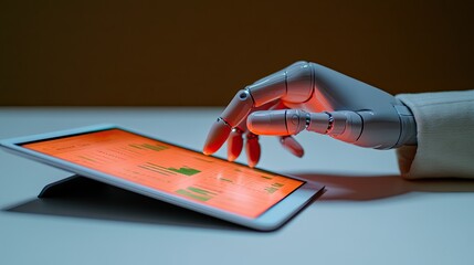 robotic hand interacting with tablet showcasing vibrant data analysis dashboards in minimalistic office setup