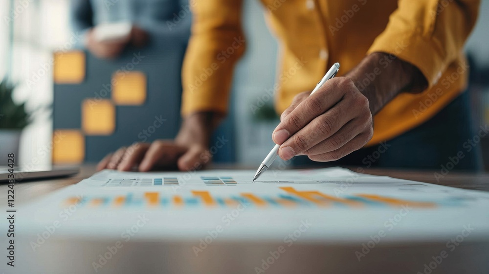 Poster analyzing business performance metrics office environment document presentation indoor setting close