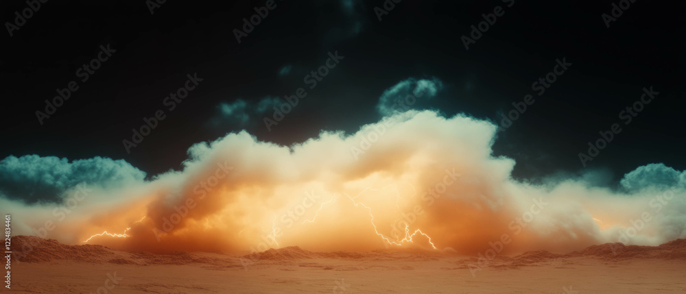 Poster Lightning illuminates smoke in a vast desert landscape against a dark backdrop
