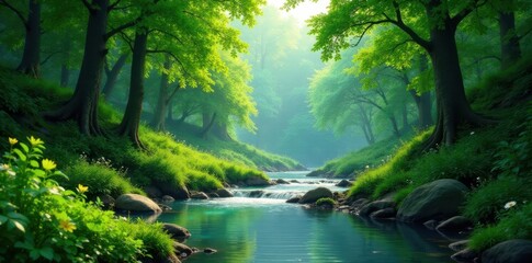 Obraz premium Lush green forest with a river flowing through it, growth, soil, biome