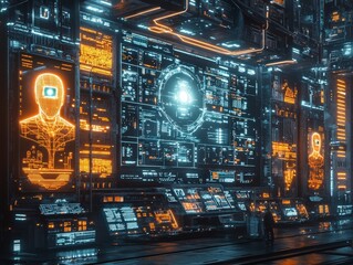 Obraz premium Futuristic Digital Interface with Glowing Neon Displays and Data Visualizations in a High-Tech Environment