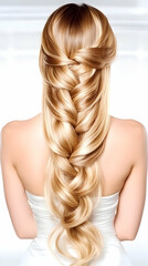 Naklejka premium Woman Shows Off Long, Luxurious Blonde Braided Hairstyle Beautifully in a Classic, Elegant Style.