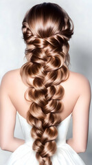 Fototapeta premium Woman with Long Brown Hair Shows Off an Intricate Braid Hairstyle Beautifully