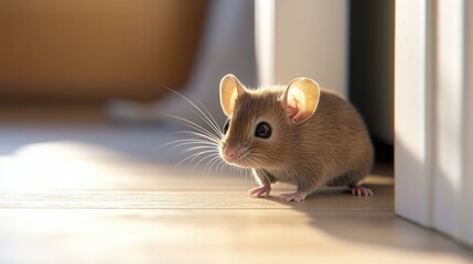 Fototapeta premium A small mouse explores a sunlit room, near a door.
