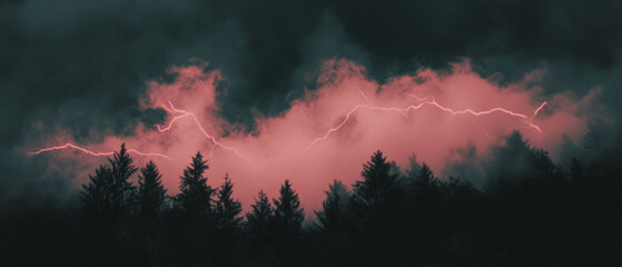 Mysterious smoke and lightning illuminate a forest landscape at night