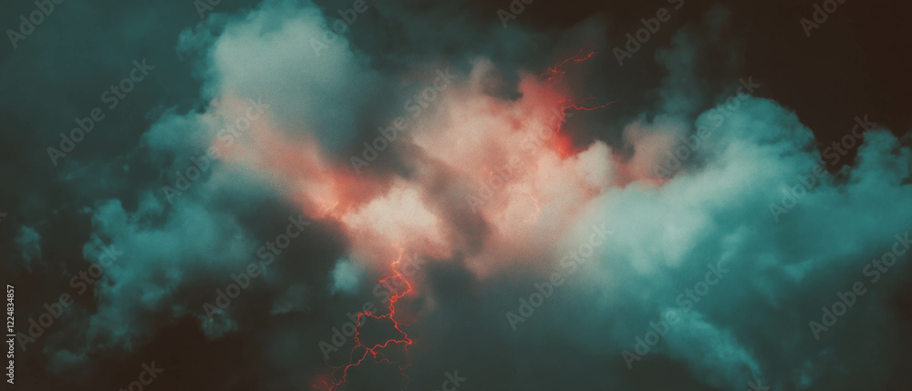Poster dynamic multicolor smoke with lightning bolts striking against a dark backdrop
