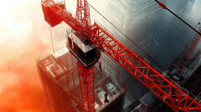 Construction Crane Operating at Sunset Over a Busy Urban Development Site