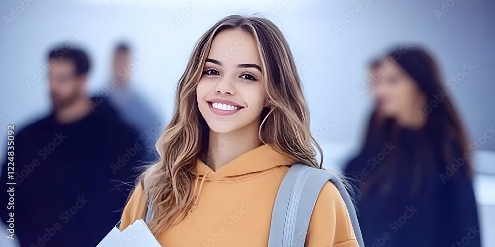 Poster smiling student holds books and backpack, ready for class with blurred peers in background