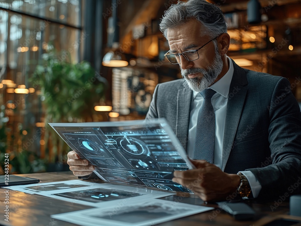 Poster businessman analyzing data visualizations on tablet in modern office setting with warm lighting