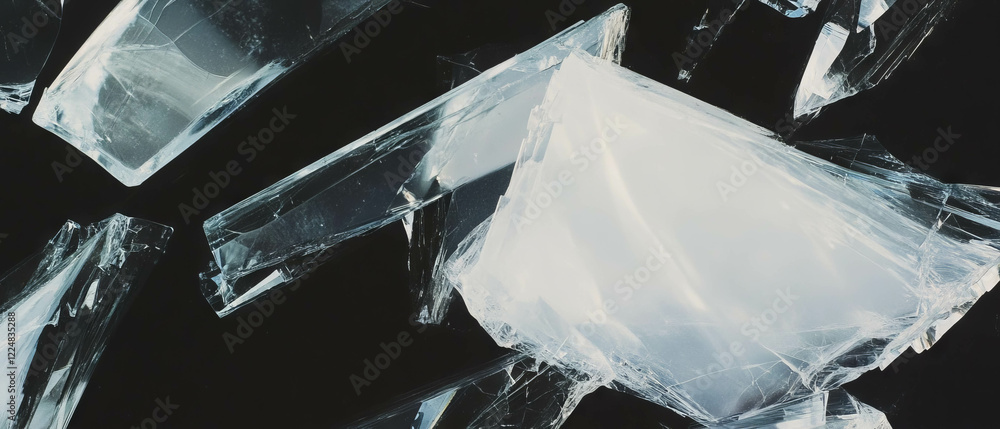 Poster Smooth broken glass fragments overlay on a black background emphasizes texture and depth