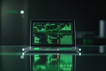 Fototapeta premium minimalist glass desk with laptop displaying ai-powered data dashboards alongside robotic advisor tools