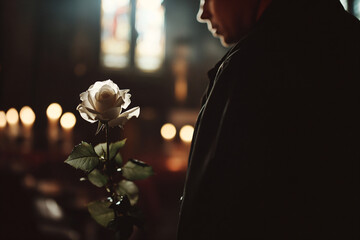 Man in mourning suit holding white rose against background of church service, funeral service. Template about loss, grief and mourning. Funeral services advertisement, copyspace
