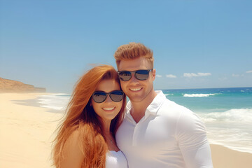 Couple in White Smiles Brightly on Sunny Beach