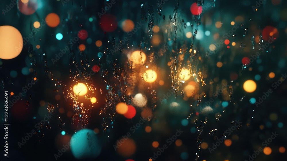 Poster captivating abstract background of bokeh lights through a rainy window, showcasing soft glows and vi