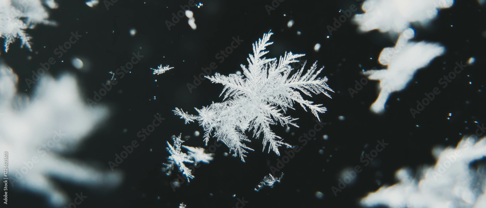 Fototapete snowflakes falling against a deep black background displaying intricate patterns and designs