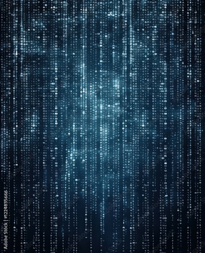 Poster abstract digital rain of code cascading down a dark background.