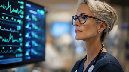 Healthcare professional analyzing patient data hospital setting medical imaging clinical environment focused viewpoint patient care insights