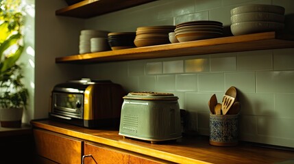 retro kitchen corner with ceramic cookie jar vintage toaster and wooden shelves displaying old...