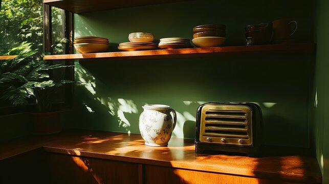 retro kitchen corner with ceramic cookie jar vintage toaster and wooden shelves displaying old crockery