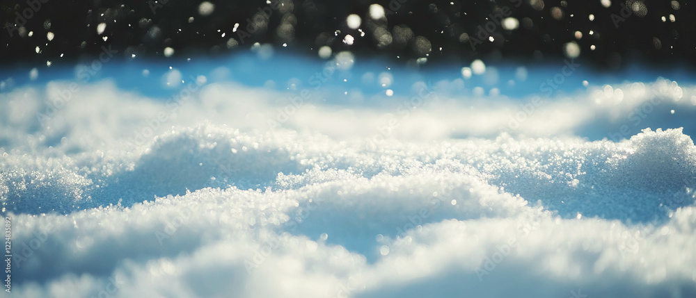Poster snowflakes gracefully fall on a blurred background creating a serene winter wonderland effect