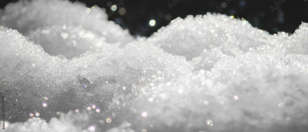 Poster Sparkling snow texture with ice crystals on a dark background created with high detail