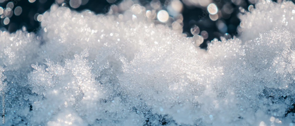 Poster Sparkling snow texture with ice crystals on a dark background creating a frosty effect